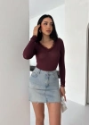 Dantel Detaylı V Yaka Arkası V Yaka Kaşmir Dokulu Uzun Kollu Bluz  Bordo