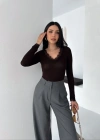 Dantel Detaylı V Yaka Arkası V Yaka Kaşmir Dokulu Uzun Kollu Bluz  iyah