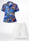 Deniz Temalı Desenli Kısa Kol Gömlek Şort Takım Yazlık Rahat Kalıp  Desenli