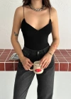 Derin Dekolte Askılı Body ırt Dekolteli Şık Kolsuz Yazlık Bodysuit  iyah