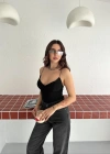 Derin Dekolte Askılı Body ırt Dekolteli Şık Kolsuz Yazlık Bodysuit  iyah