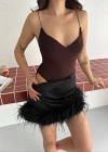 Derin Dekolte Askılı Body ırt Dekolteli Şık Kolsuz Yazlık Bodysuit  Kahverengi