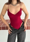 Derin Dekolte Askılı Body ırt Dekolteli Şık Kolsuz Yazlık Bodysuit  Kırmızı