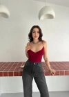 Derin Dekolte Askılı Body ırt Dekolteli Şık Kolsuz Yazlık Bodysuit  Kırmızı