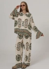Desenli Kolları Volanlı Pantolon Takım  Haki