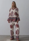 Desenli Kolları Volanlı Pantolon Takım  Kırmızı