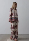 Desenli Kolları Volanlı Pantolon Takım  Kırmızı