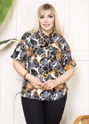 Desenli Püsküllü Viskon Bluz Bebe Yaka Kısa Kollu Big Size Rahat Kesim  Desenli