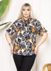 Desenli Püsküllü Viskon Bluz Bebe Yaka Kısa Kollu Big Size Rahat Kesim  Desenli