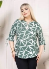 Desenli Püsküllü Viskon Bluz Bebe Yaka Kısa Kollu Big Size Rahat Kesim  Desenli