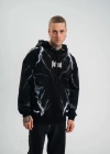 Double Oversize Kapşonlu Şimşek Pano Baskılı SweatShirt  Siyah
