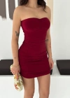 Drapeli traplez ini Elbise Esnek Kumaş Vücuda Oturan Gece Elbisesi  Bordo