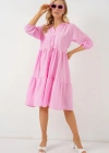 Düğmeli Kısa Kol Elbise 2559  Pembe
