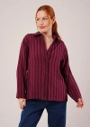 Düğmeli Ve Çizgi Detaylı Bordo Gömlek