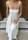 Ekru Askılı Parçalı Müslin Elbise