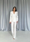 Ekru Beli Kuşaklı Ceket Ve Pantolon Parlak Takım