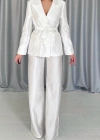Ekru Beli Kuşaklı Ceket Ve Pantolon Parlak Takım