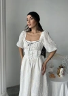 Ekru Dantel Detaylı Brode Elbise