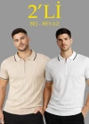 Erkek 2’li Paket Dokuma Triko  Fermuarlı Yakalı Fitilli Kısa Kollu Regular Fit Tişört  Bej  Beyaz