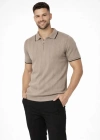 Erkek 2’li Paket Dokuma Triko  Fermuarlı Yakalı Fitilli Kısa Kollu Regular Fit Tişört  Bej  Kahverengi