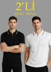 Erkek 2’li Paket Dokuma Triko  Fermuarlı Yakalı Fitilli Kısa Kollu Regular Fit Tişört  Beyaz  iyah