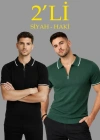 Erkek 2’li Paket Dokuma Triko  Fermuarlı Yakalı Fitilli Kısa Kollu Regular Fit Tişört  Haki  iyah