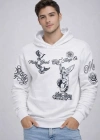 Erkek 3 İplik Pamuklu Kapüşonlu Baskılı weathirt Hoodie  Beyaz