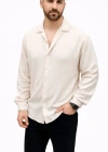 Erkek Aerobin Kumaş Oversize 4 evsim Uzun Kollu Rahat Kalıp Gömlek  Bej