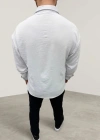 Erkek Aerobin Kumaş Oversize 4 evsim Uzun Kollu Rahat Kalıp Gömlek  Beyaz