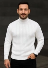 Erkek Balıkcı Yaka Bağazlı Triko Kazak Pamuklu Kalın Fitilli Dokuma, Regular Fit Uzun Kollu Kışlık Model  Beyaz