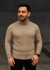 Erkek Balıkcı Yaka Bağazlı Triko Kazak Pamuklu Kalın Fitilli Dokuma, Regular Fit Uzun Kollu Kışlık odel  Bej