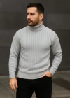 Erkek Balıkcı Yaka Bağazlı Triko Kazak Pamuklu Kalın Fitilli Dokuma, Regular Fit Uzun Kollu Kışlık odel  Gri