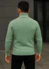 Erkek Balıkcı Yaka Bağazlı Triko Kazak Pamuklu Kalın Fitilli Dokuma, Regular Fit Uzun Kollu Kışlık odel  int Yeşili