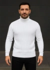 Erkek Balıkcı Yaka Bağazlı Triko Kazak Pamuklu Kalın Fitilli Dokuma, Regular Fit Uzun Kollu Kışlık Model  Beyaz