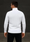 Erkek Balıkcı Yaka Bağazlı Triko Kazak Pamuklu Kalın Fitilli Dokuma, Regular Fit Uzun Kollu Kışlık Model  Beyaz