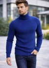 Erkek Balıkcı Yaka Bağazlı Triko Kazak Pamuklu Kalın Fitilli Dokuma, Regular Fit Uzun Kollu Kışlık odel  İndigo