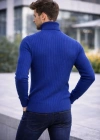 Erkek Balıkcı Yaka Bağazlı Triko Kazak Pamuklu Kalın Fitilli Dokuma, Regular Fit Uzun Kollu Kışlık odel  İndigo