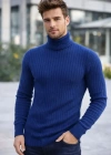 Erkek Balıkcı Yaka Bağazlı Triko Kazak Pamuklu Kalın Fitilli Dokuma, Regular Fit Uzun Kollu Kışlık odel  İndigo