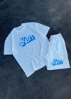Erkek Baskılı İkili Şort Takım  Beyaz