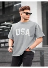 Erkek Baskılı Oversize Tshirt  Gri