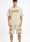 Erkek Bej Oversize Baskılı Tişört Şort Takım Cepli Şort Yazlık Rahat Günlük Kombin  Bej