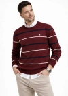 Erkek Bisiklet Yaka Cizgili Triko Kazak Yumuşak Dokulu Pamuklu Ince Dokuma, Uzun Kollu Rahat Regular Kalıp  Bordo