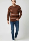 Erkek Bisiklet Yaka Cizgili Triko Kazak Yumuşak Dokulu Pamuklu Ince Dokuma, Uzun Kollu Rahat Regular Kalıp  Kahverengi
