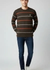 Erkek Bisiklet Yaka Cizgili Triko Kazak Yumuşak Dokulu Pamuklu Ince Dokuma, Uzun Kollu Rahat Regular Kalıp  Koyu Kahverengi