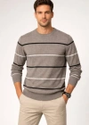 Erkek Bisiklet Yaka Cizgili Triko Kazak Yumuşak Dokulu Pamuklu Ince Dokuma, Uzun Kollu Rahat Regular Kalıp  Gri