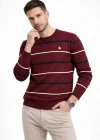 Erkek Bisiklet Yaka Cizgili Triko Kazak Yumuşak Dokulu Pamuklu Ince Dokuma, Uzun Kollu Rahat Regular Kalıp  Bordo