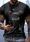 Erkek Bisiklet Yaka Kedi Baskılı Süprem Tshirt