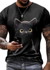 Erkek Bisiklet Yaka Kedi Baskılı Süprem Tshirt