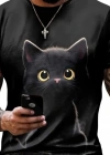 Erkek Bisiklet Yaka Kedi Baskılı Süprem Tshirt