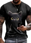 Erkek Bisiklet Yaka Kedi Baskılı Süprem Tshirt